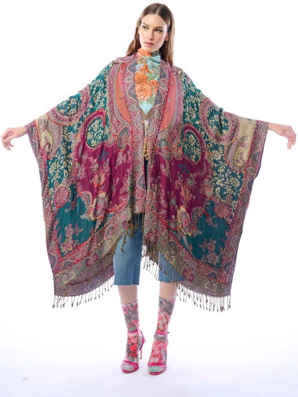 Aratta Delilah Poncho Teal & Magenta Paisley Fringe Poncho